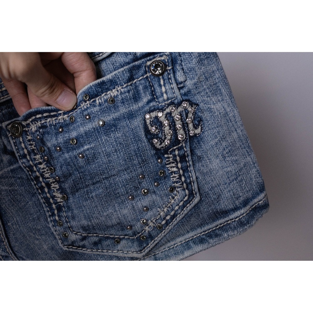 Miss Me Denim Shorts Blue Stretch Rhinestone Embellished Size 26 - Picture 14 of 16